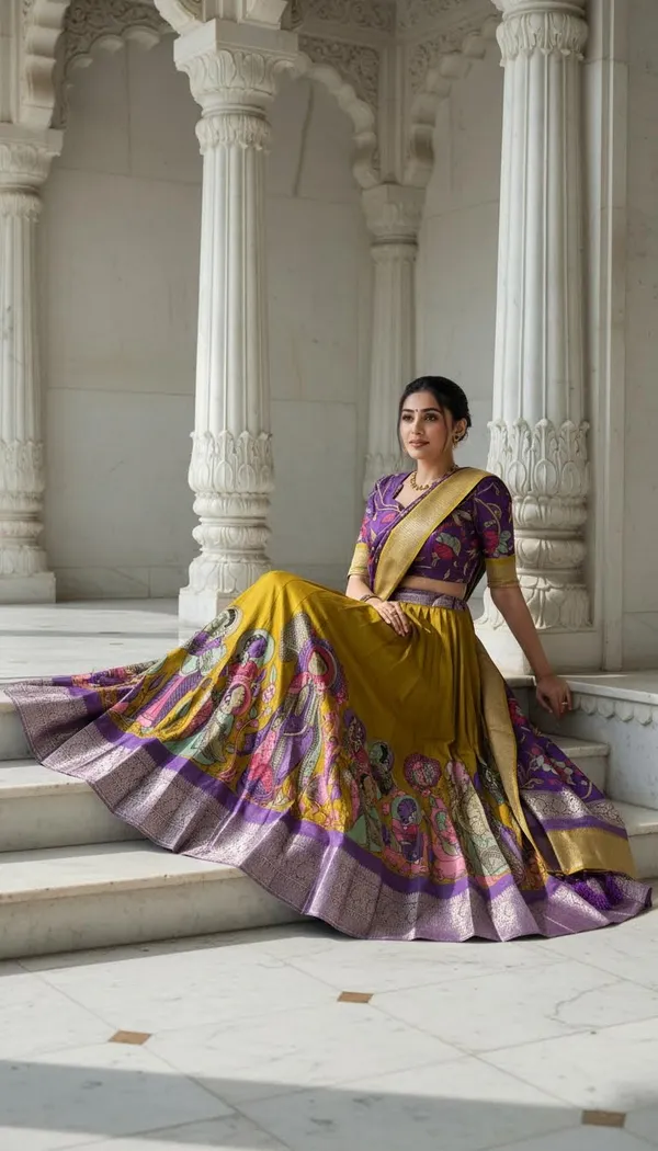 Yellow_Dola_Silk_Kalamkari_Print_Flared_Lehenga_Choli_For_Women