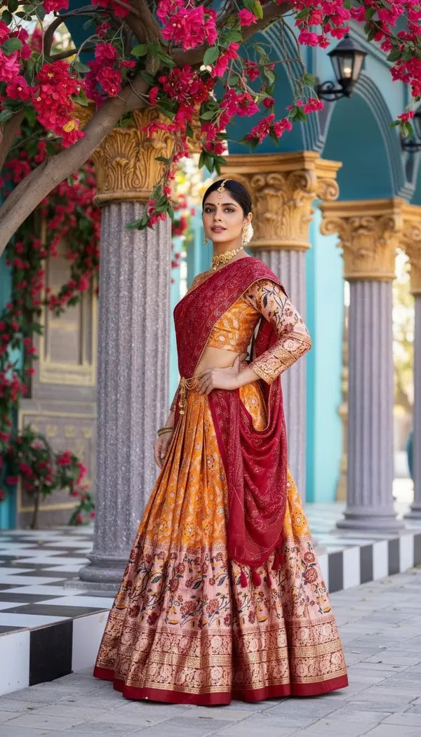 Yellowish_Orange_Dola_Silk_A-Line_Patola_Foil_Print_Lehenga_Choli_For_Women