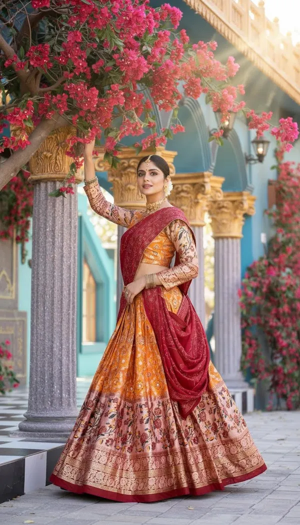 Yellowish_Orange_Dola_Silk_A-Line_Patola_Foil_Print_Lehenga_Choli_For_Women
