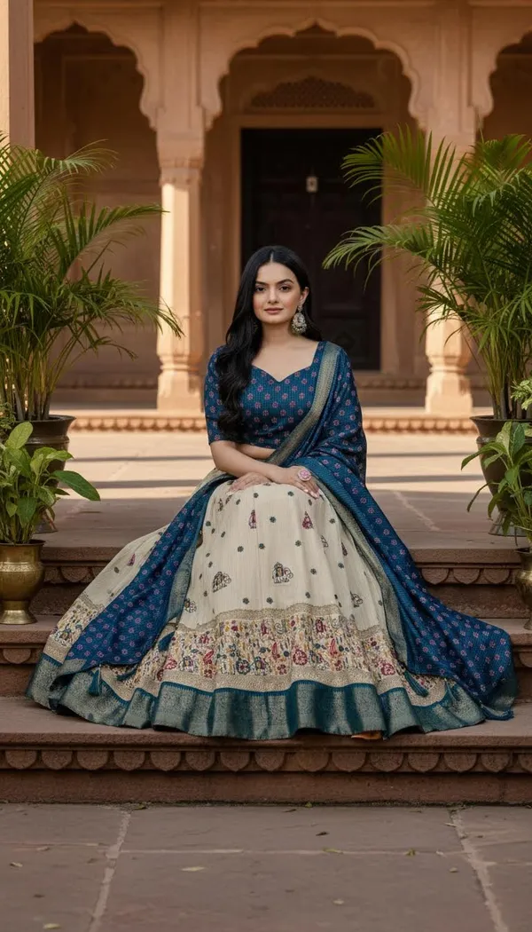 Blue_Lichi_Fabric_Jacquard_Jari_Print_A-Line_Lehenga_Choli_For_Women