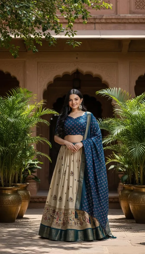 Blue_Lichi_Fabric_Jacquard_Jari_Print_A-Line_Lehenga_Choli_For_Women