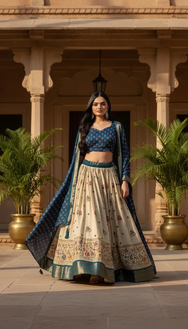 Blue_Lichi_Fabric_Jacquard_Jari_Print_A-Line_Lehenga_Choli_For_Women