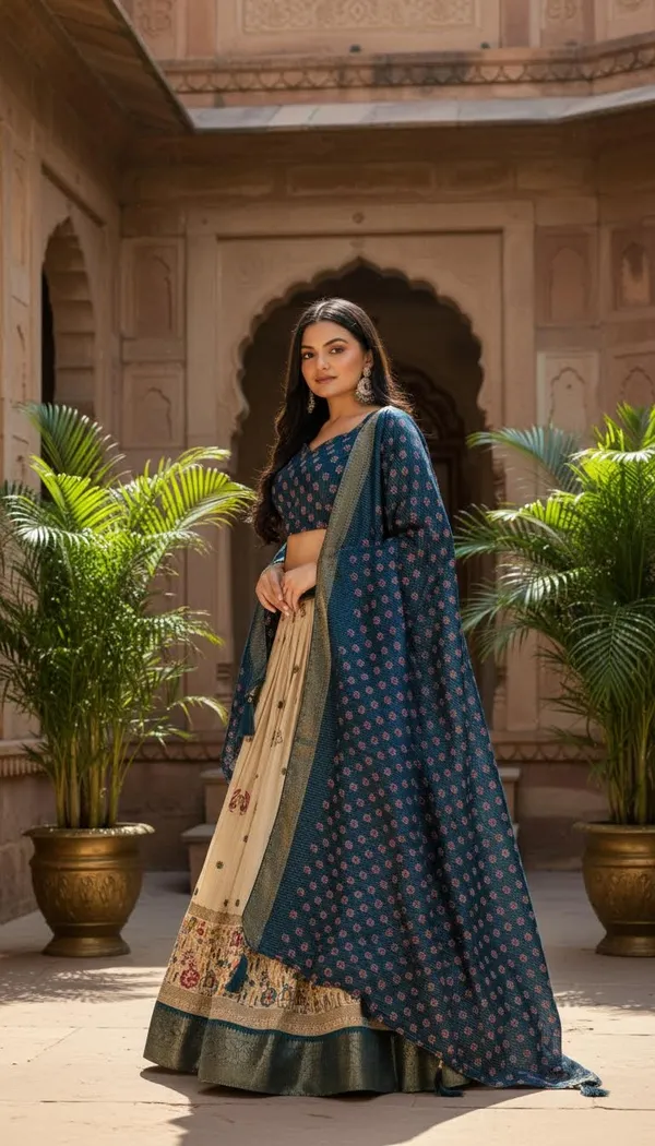 Blue_Lichi_Fabric_Jacquard_Jari_Print_A-Line_Lehenga_Choli_For_Women