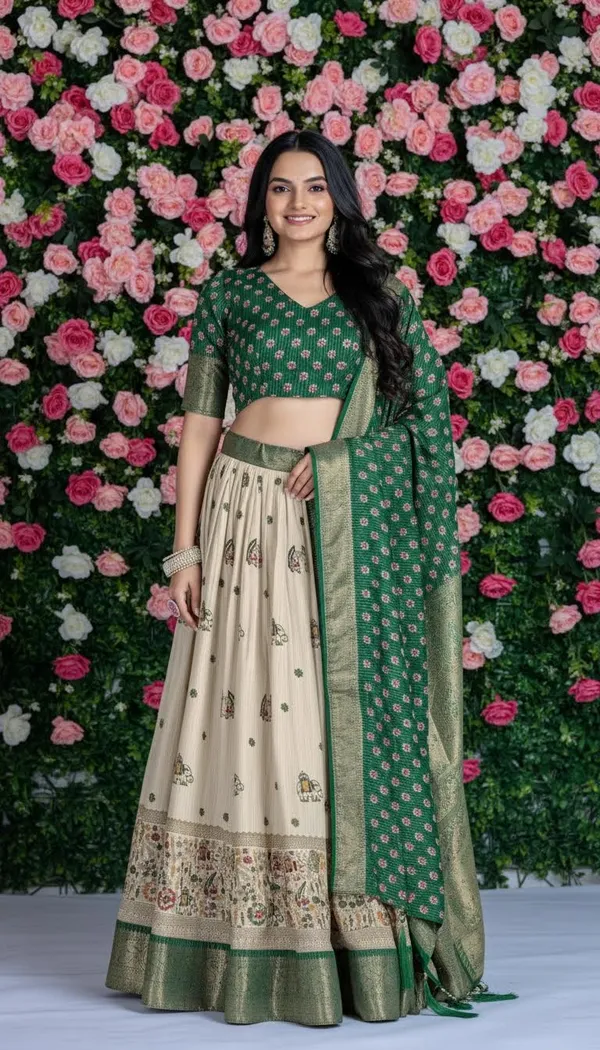 Green_Lichi_Fabric_Jacquard_Jari_Print_A-Line_Lehenga_Choli_For_Women