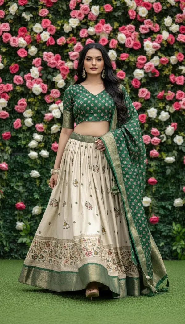 Green_Lichi_Fabric_Jacquard_Jari_Print_A-Line_Lehenga_Choli_For_Women