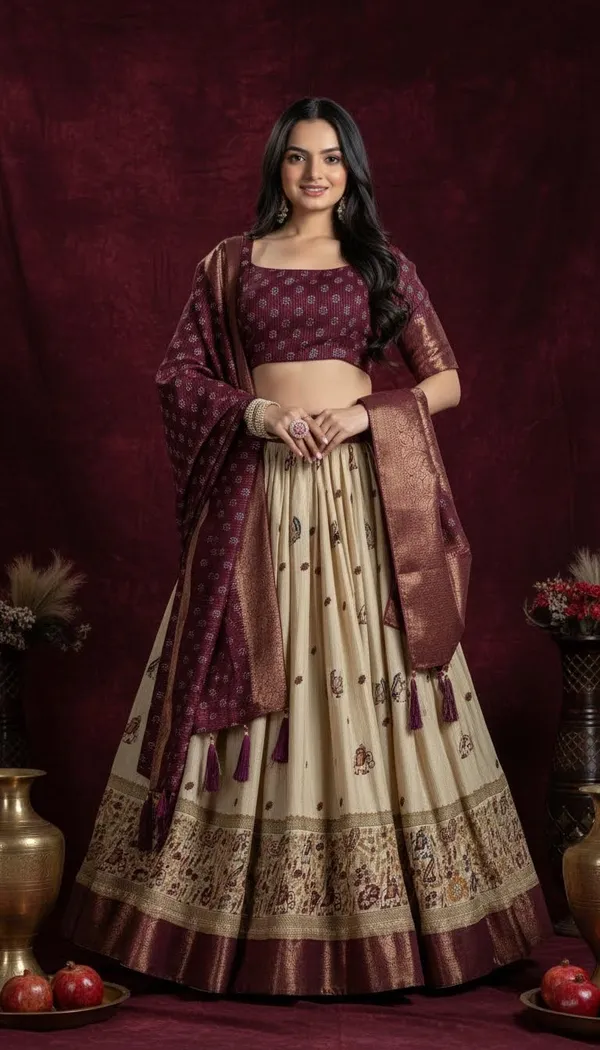 Wine_Lichi_Fabric_Jacquard_Jari_Print_A-Line_Lehenga_Choli_For_Women