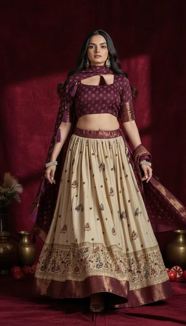 Wine_Lichi_Fabric_Jacquard_Jari_Print_A-Line_Lehenga_Choli_For_Women