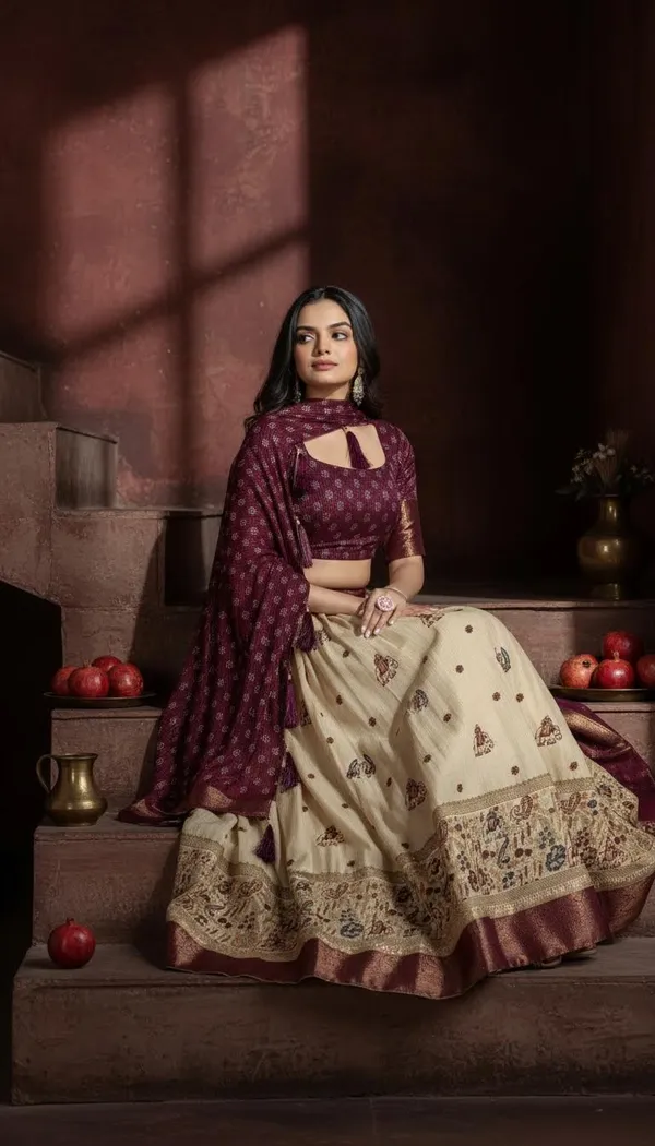 Wine_Lichi_Fabric_Jacquard_Jari_Print_A-Line_Lehenga_Choli_For_Women