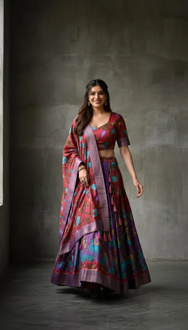 Lavender_Dola_Silk_Kalamkari_Print_Lehenga_Choli_For_Women