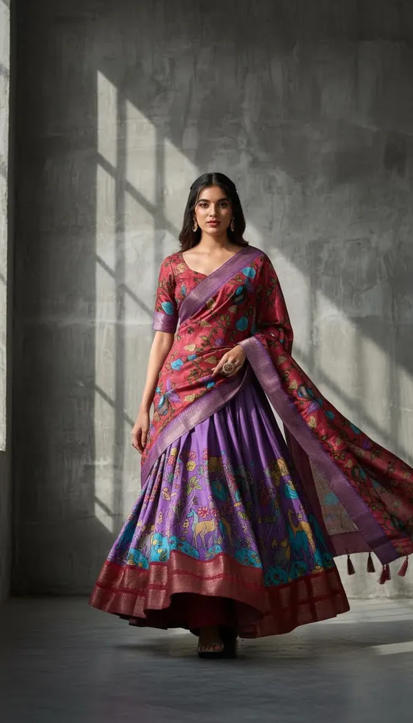 Lavender_Dola_Silk_Kalamkari_Print_Lehenga_Choli_For_Women