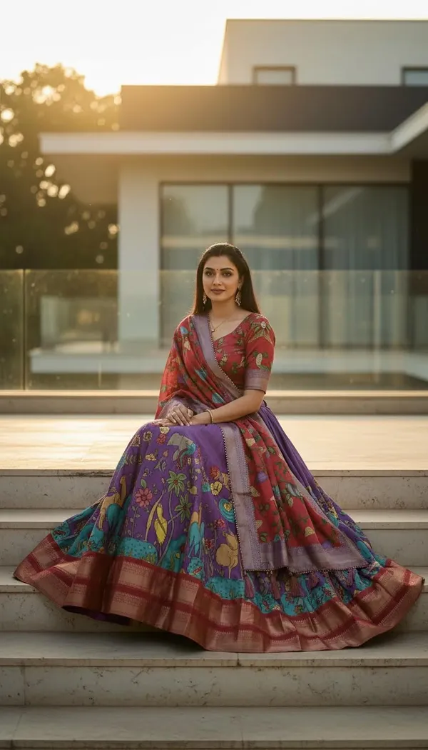 Lavender_Dola_Silk_Kalamkari_Print_Lehenga_Choli_For_Women