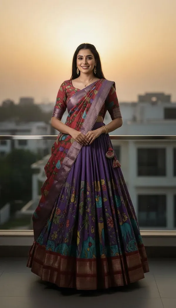 Lavender_Dola_Silk_Kalamkari_Print_Lehenga_Choli_For_Women