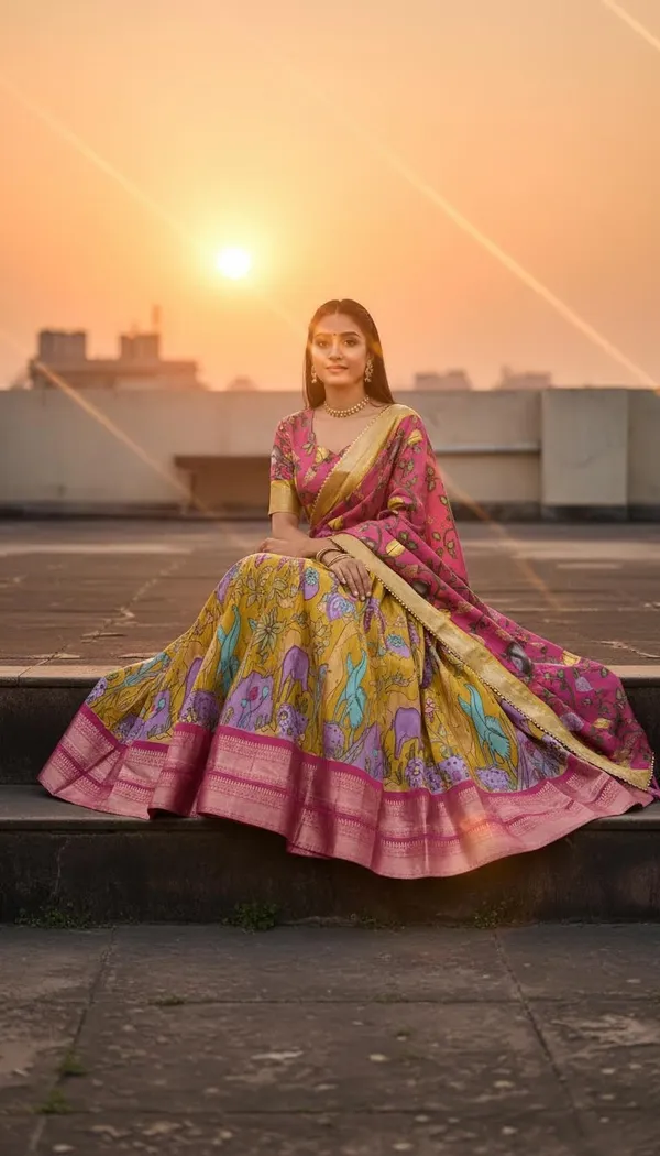 Mustard_Dola_Silk_Kalamkari_Print_Lehenga_Choli_For_Women