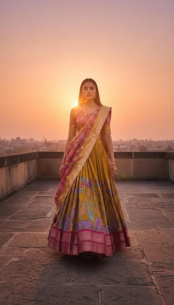 Mustard_Dola_Silk_Kalamkari_Print_Lehenga_Choli_For_Women