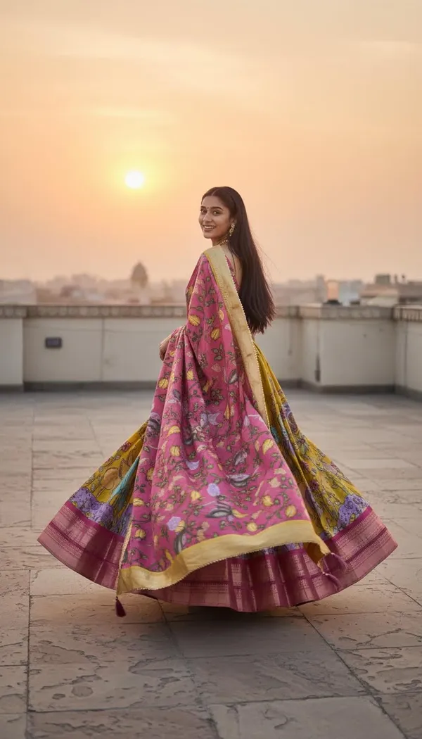 Mustard_Dola_Silk_Kalamkari_Print_Lehenga_Choli_For_Women