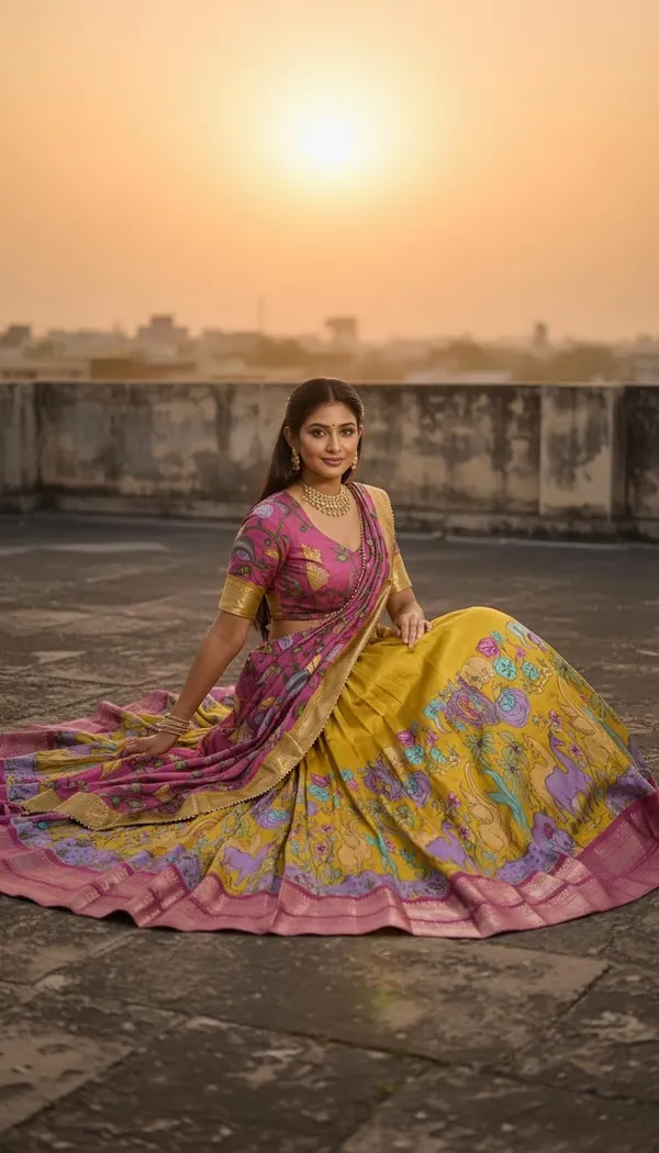 Mustard_Dola_Silk_Kalamkari_Print_Lehenga_Choli_For_Women