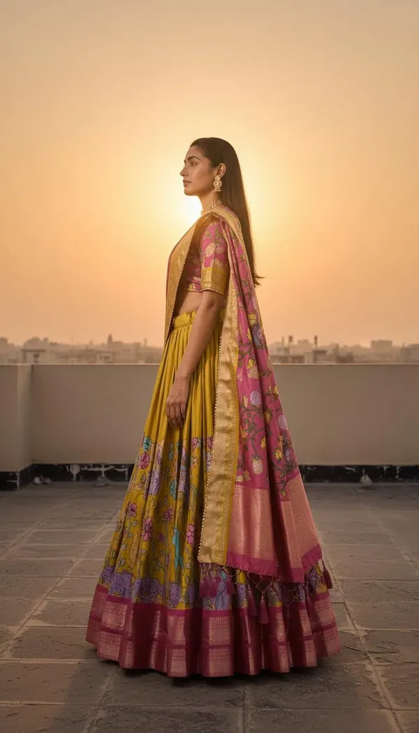 Mustard_Dola_Silk_Kalamkari_Print_Lehenga_Choli_For_Women