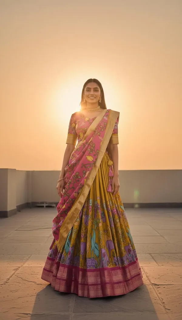 Mustard_Dola_Silk_Kalamkari_Print_Lehenga_Choli_For_Women