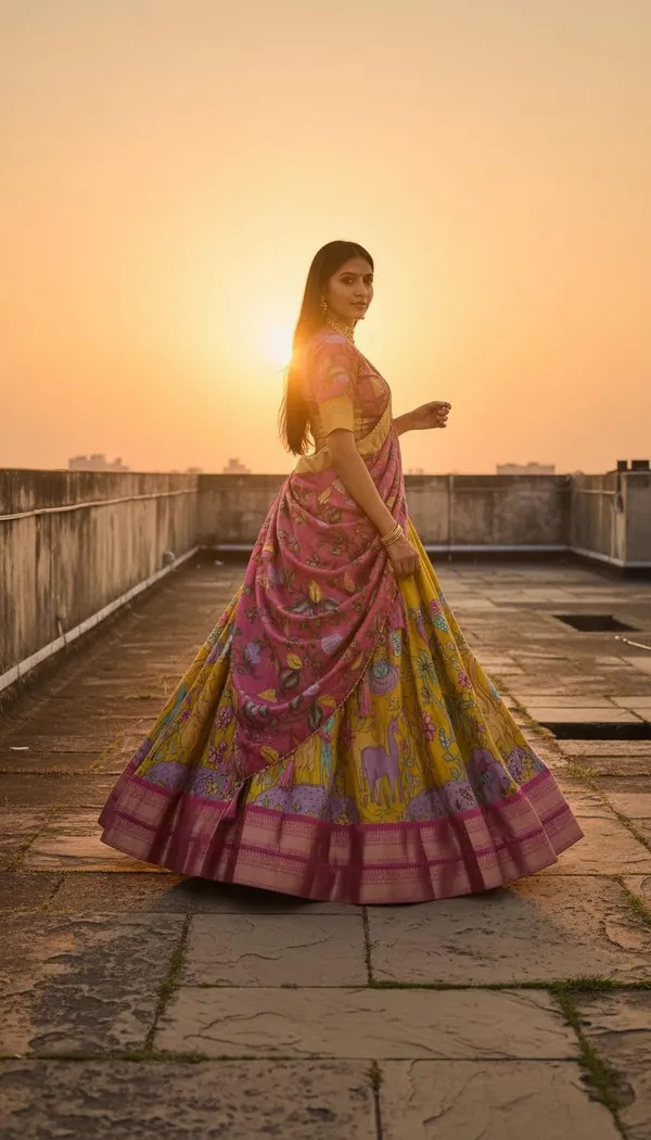 Mustard_Dola_Silk_Kalamkari_Print_Lehenga_Choli_For_Women
