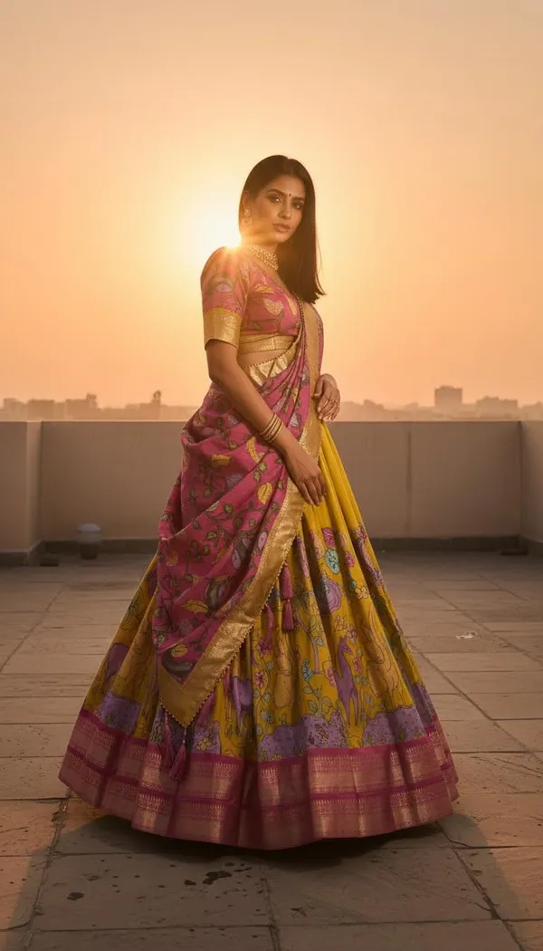 Mustard_Dola_Silk_Kalamkari_Print_Lehenga_Choli_For_Women
