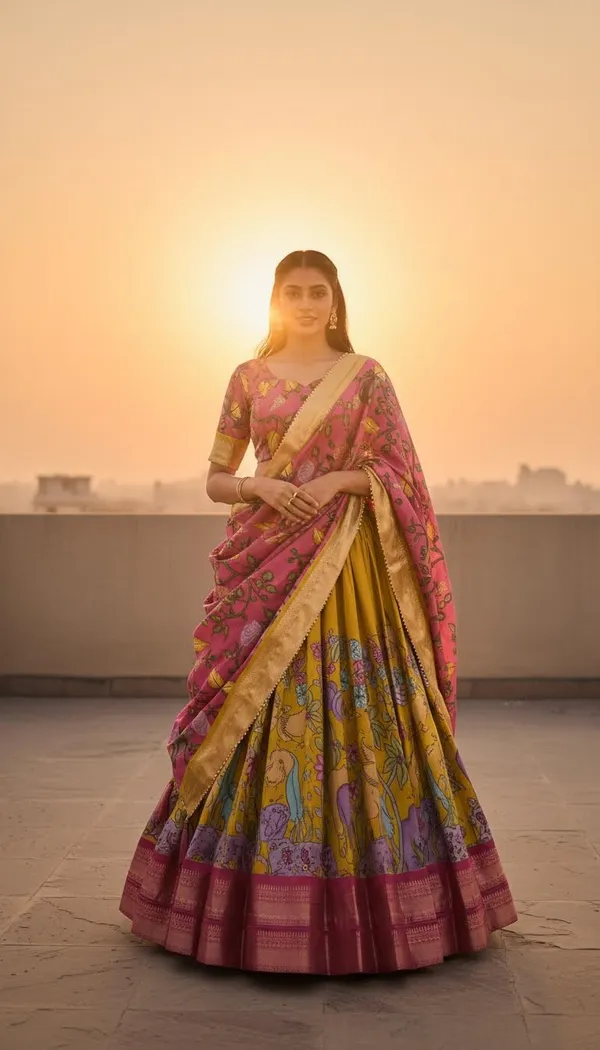 Mustard_Dola_Silk_Kalamkari_Print_Lehenga_Choli_For_Women