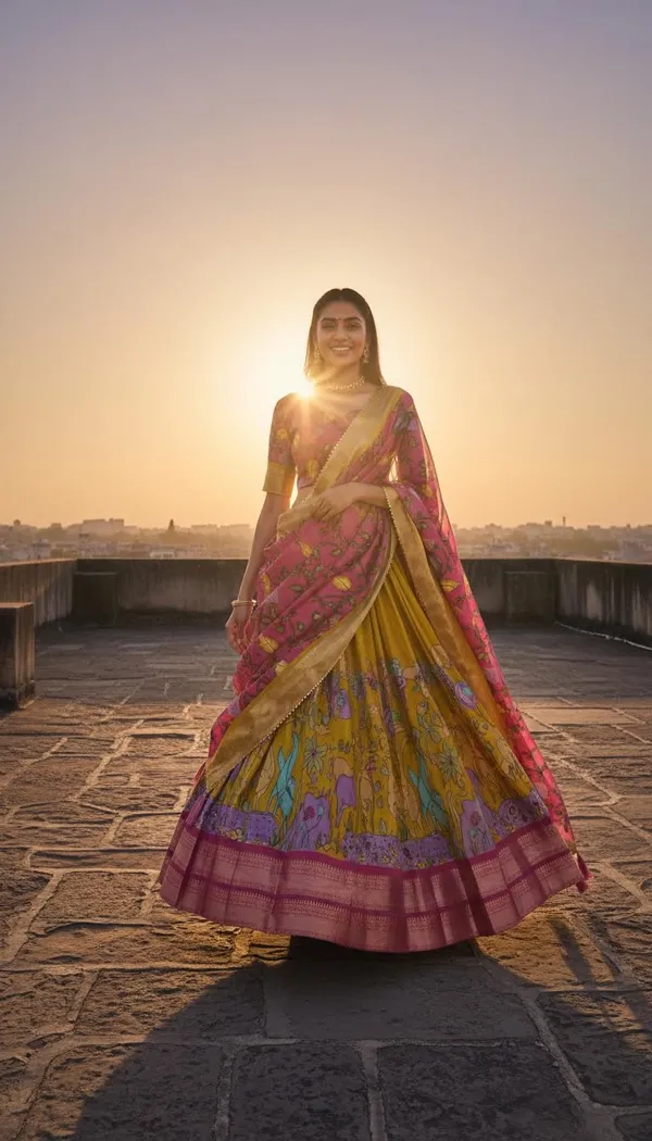 Mustard_Dola_Silk_Kalamkari_Print_Lehenga_Choli_For_Women