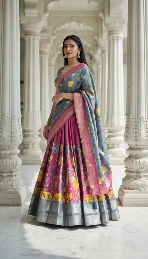 Pink_Dola_Silk_Kalamkari_Print_Lehenga_Choli_For_Women