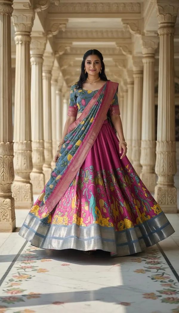 Pink_Dola_Silk_Kalamkari_Print_Lehenga_Choli_For_Women