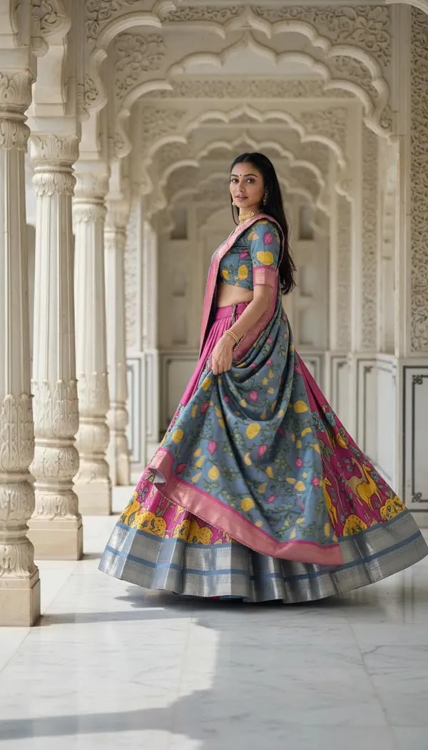 Pink_Dola_Silk_Kalamkari_Print_Lehenga_Choli_For_Women