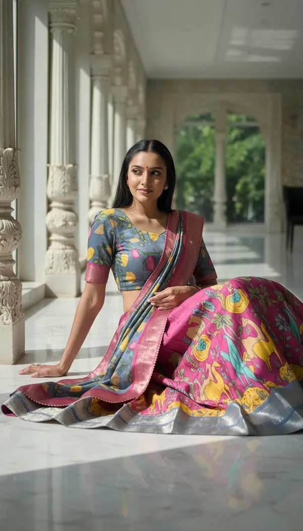 Pink_Dola_Silk_Kalamkari_Print_Lehenga_Choli_For_Women