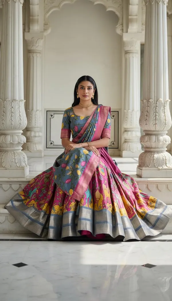 Pink_Dola_Silk_Kalamkari_Print_Lehenga_Choli_For_Women