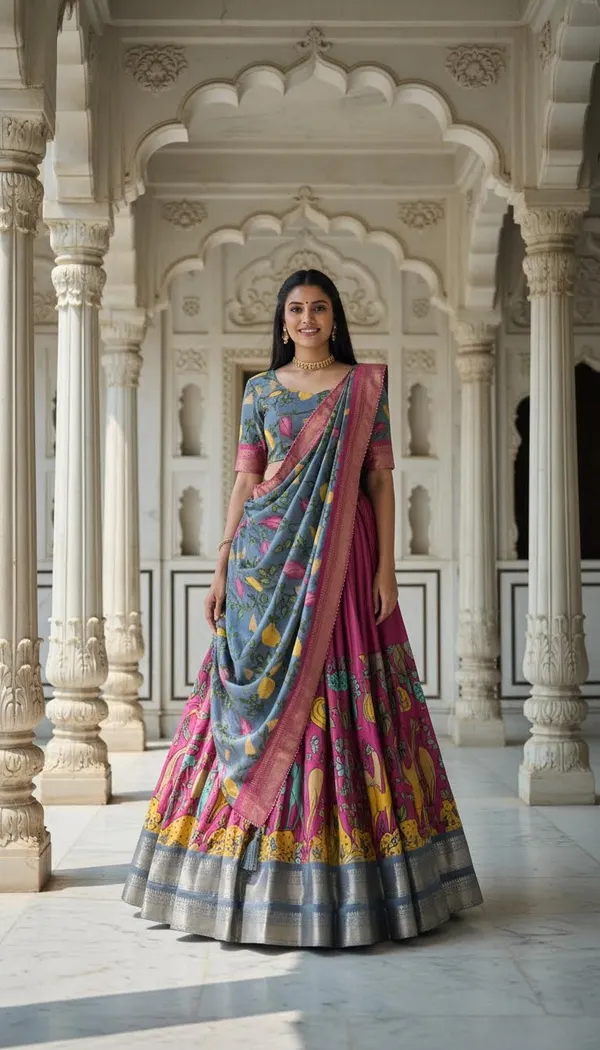 Pink_Dola_Silk_Kalamkari_Print_Lehenga_Choli_For_Women
