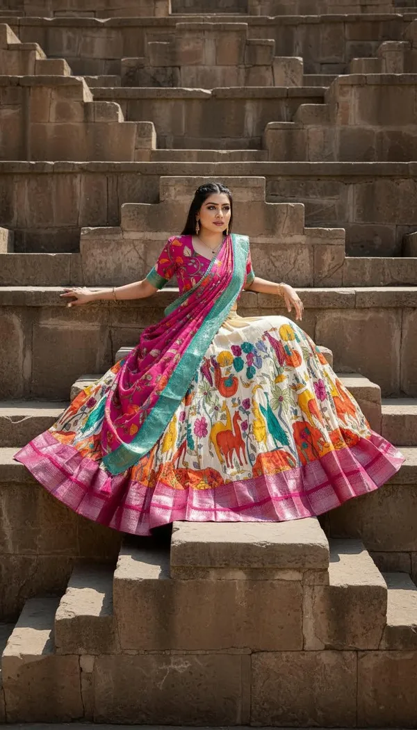 White_Dola_Silk_Kalamkari_Print_Lehenga_Choli_For_Women
