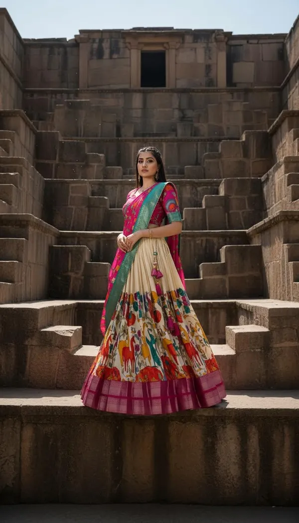 White_Dola_Silk_Kalamkari_Print_Lehenga_Choli_For_Women