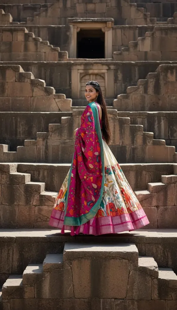 White_Dola_Silk_Kalamkari_Print_Lehenga_Choli_For_Women
