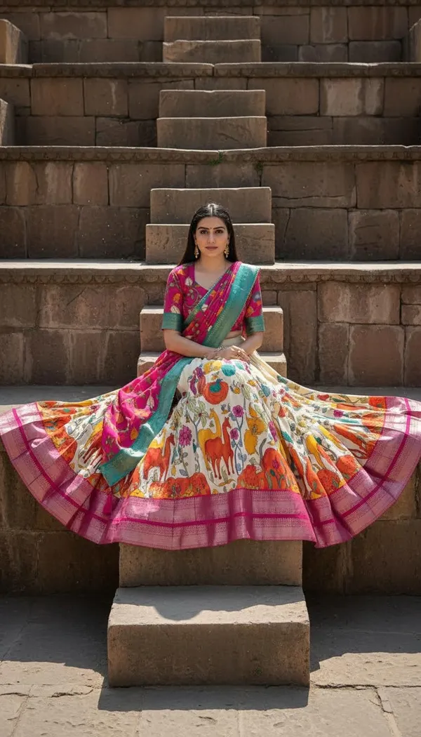 White_Dola_Silk_Kalamkari_Print_Lehenga_Choli_For_Women