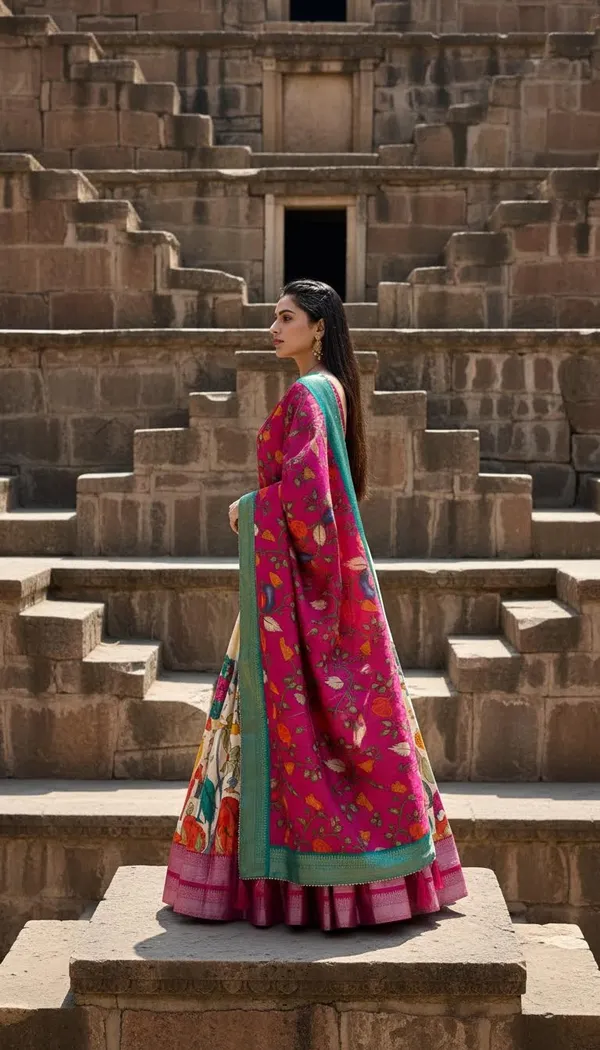 White_Dola_Silk_Kalamkari_Print_Lehenga_Choli_For_Women