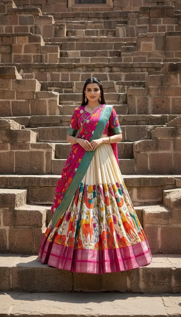 White_Dola_Silk_Kalamkari_Print_Lehenga_Choli_For_Women