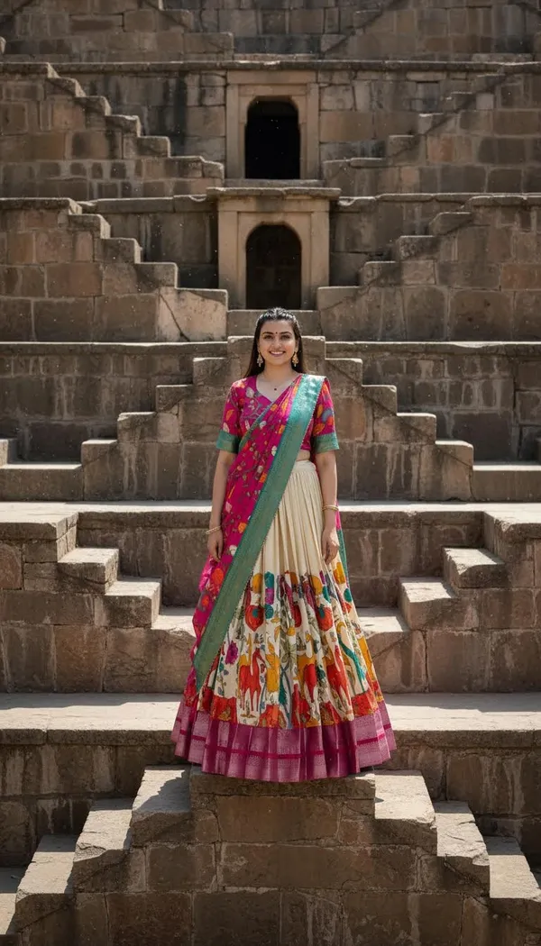 White_Dola_Silk_Kalamkari_Print_Lehenga_Choli_For_Women