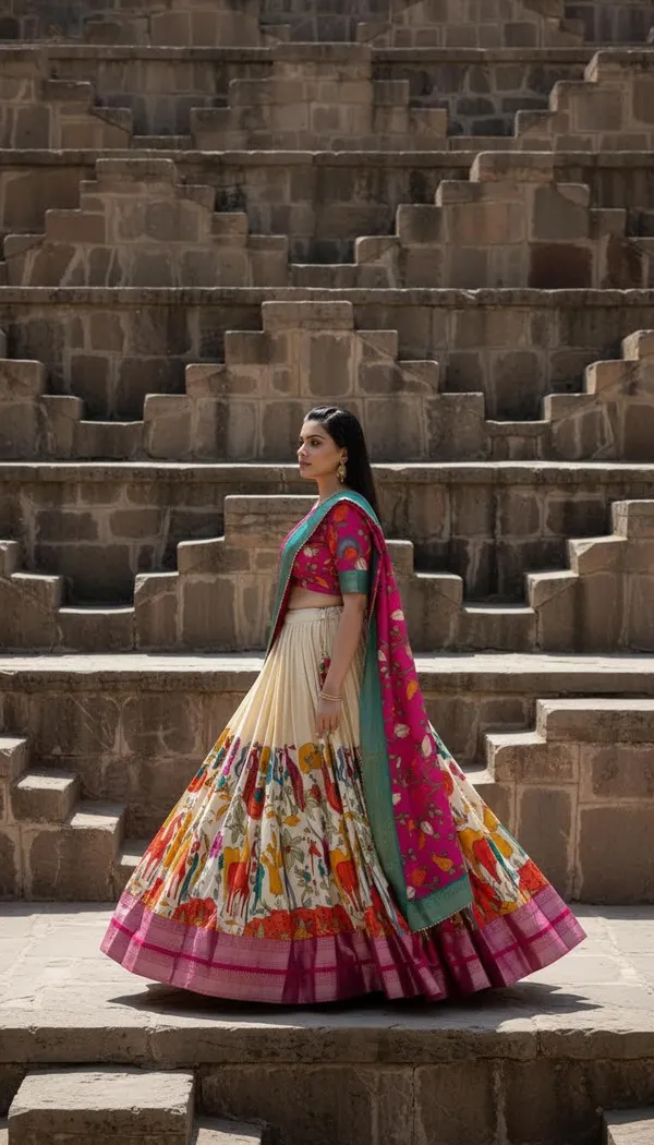 White_Dola_Silk_Kalamkari_Print_Lehenga_Choli_For_Women