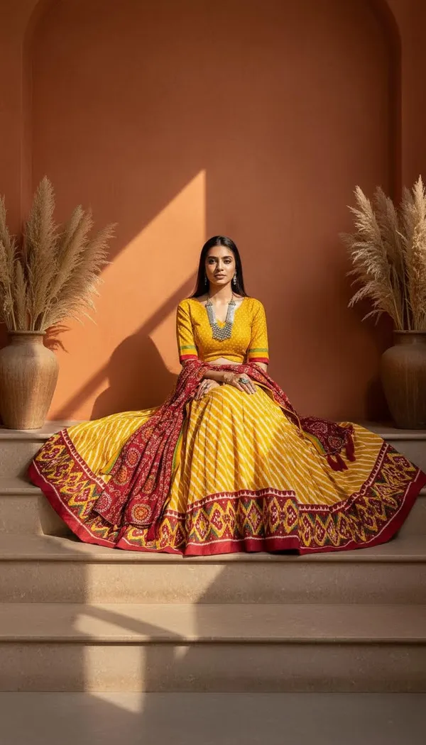 Yellow_Dola_Silk_Leheriya_Patola_Print_Lehenga_Choli_For_Women