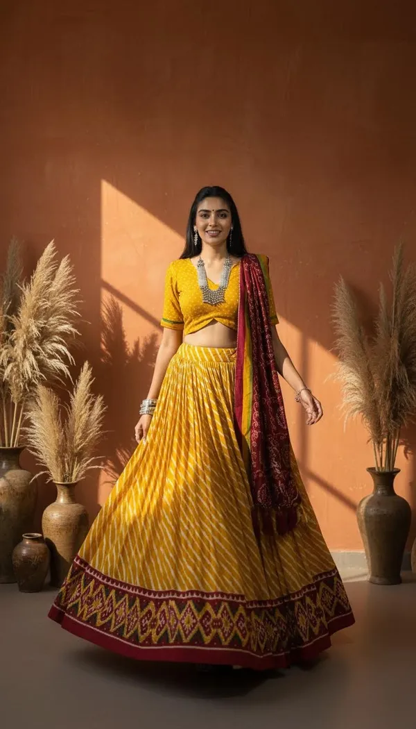 Yellow_Dola_Silk_Leheriya_Patola_Print_Lehenga_Choli_For_Women