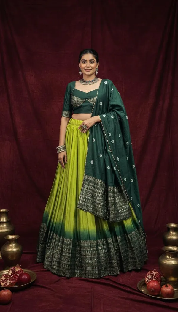 Parrot_Green_Dola_Silk_Bandhani_Print_Lehenga_Choli_For_Women
