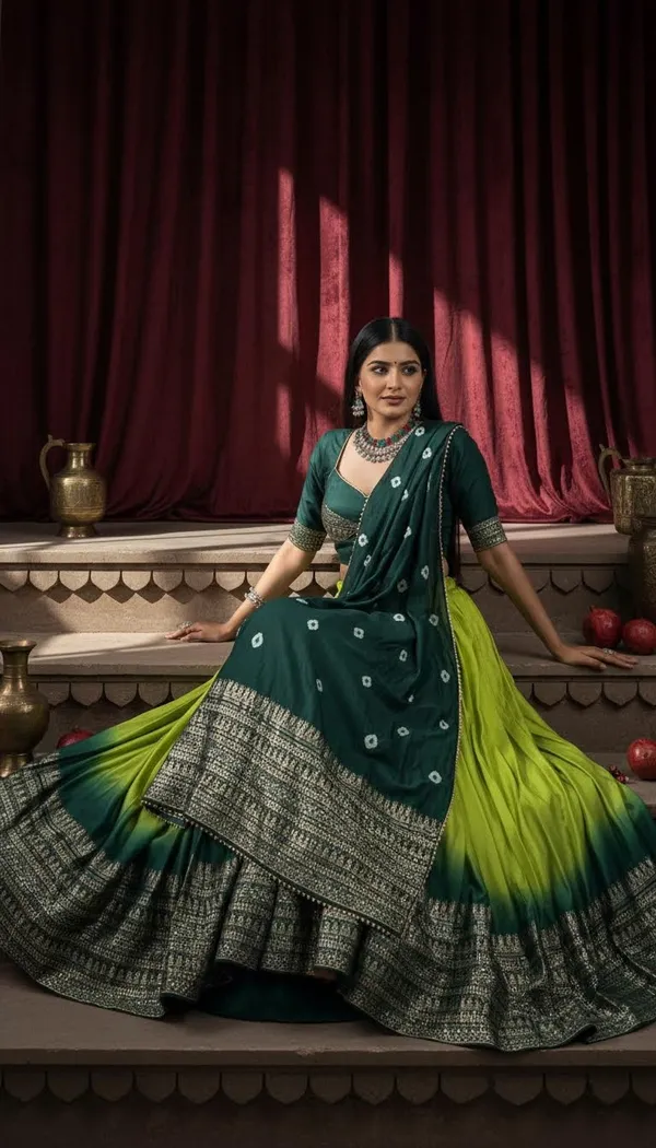 Parrot_Green_Dola_Silk_Bandhani_Print_Lehenga_Choli_For_Women