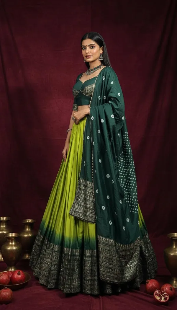 Parrot_Green_Dola_Silk_Bandhani_Print_Lehenga_Choli_For_Women