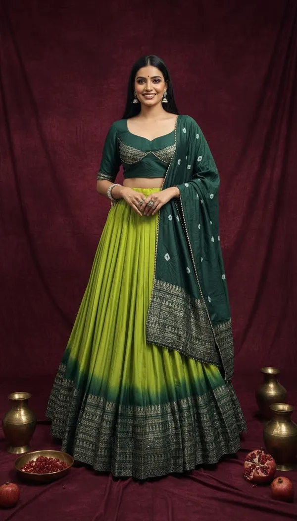 Parrot_Green_Dola_Silk_Bandhani_Print_Lehenga_Choli_For_Women