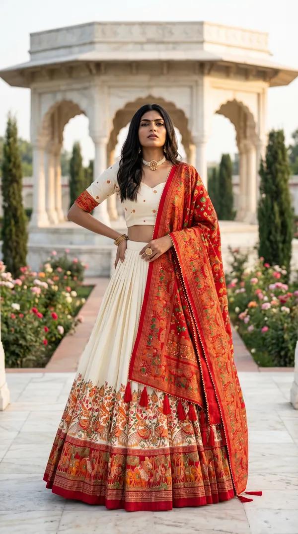 White_Dola_Silk_Patola_Print_Lehenga_Choli_For_Women