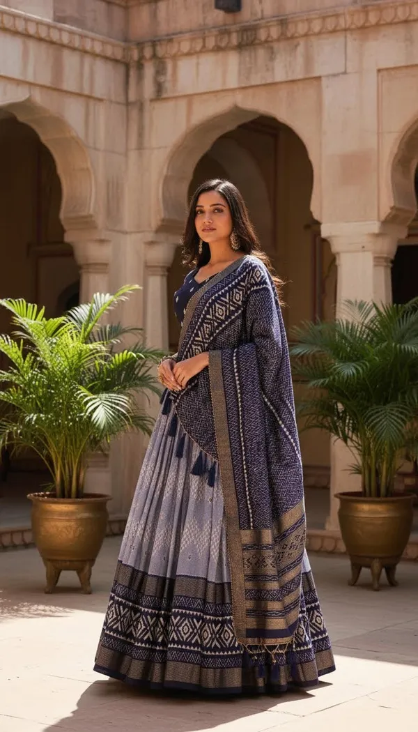 Navy_Blue_Dola_Silk_Patola_Print_Gotta_Patti_Lehenga_Choli_For_Women
