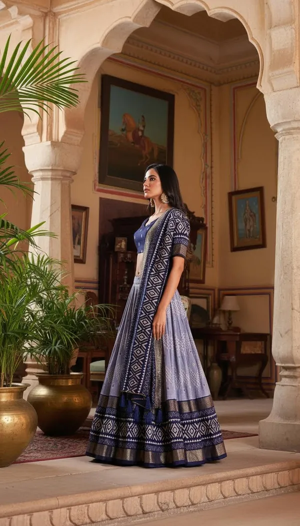 Navy_Blue_Dola_Silk_Patola_Print_Gotta_Patti_Lehenga_Choli_For_Women