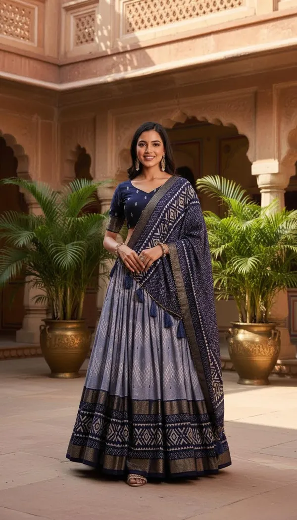 Navy_Blue_Dola_Silk_Patola_Print_Gotta_Patti_Lehenga_Choli_For_Women